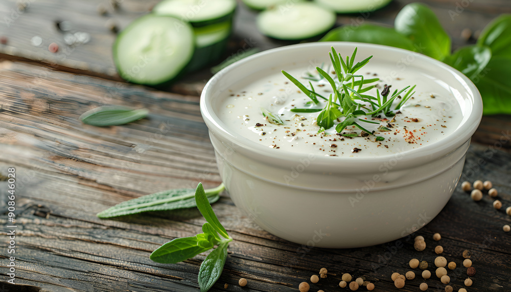 Ranch whte sauce in white bowl with cucumber, herbs and spices on old wooden table Ranch whte sauce in white bowl with cucumber, herbs and spices on old wooden table