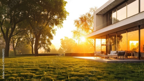 Modern House with Patio at Sunset
