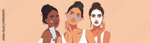 Women of different skin colors and cultures take care of their skin. Facial care cosmetics, creams, masks, serums, patches. Vector illustration on the theme of beauty for a website, banner with text