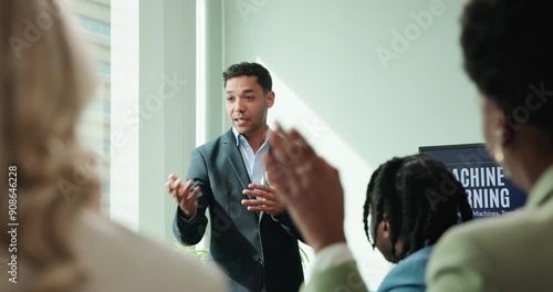 Man, presentation and meeting for team question in office, support and employee engagement. Male person, hand up and conversation to explain machine learning, speaker feedback and training workshop