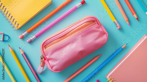 Pencil case and stationery on light background, AI Generative photo