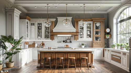 Classic kitchen with wooden and white details, AI Generative photo