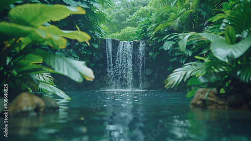 A serene waterfall in a lush jungle, surrounded by vibrant greenery and mist photo