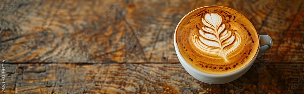 Flat lay with white ceramic cup is standing on a rustic wooden table, filled with coffee featuring latte art; panoramic banner with cappuccino for italian breakfast Flat lay with white ceramic cup is standing on a rustic wooden table, filled with coffee featuring latte art; panoramic banner with cappuccino for italian breakfast