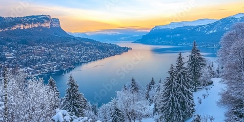 Serene Winter Sunset at Lake Annecy: Snow-Capped Peaks Embrace Tranquil Waters, Inspiring Alpine Getaways and Outdoor Adventures in Haute-Savoie's Natural Beauty. Ideal for Winter Tourism, Holiday Esc