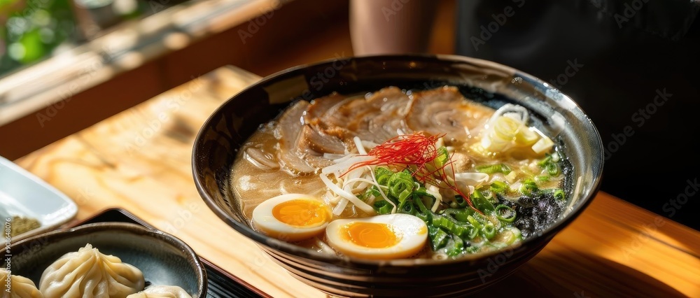 Delicious bowl of ramen featuring soft-boiled eggs, fresh vegetables, and savory broth, served in a cozy restaurant setting. Delicious bowl of ramen featuring soft-boiled eggs, fresh vegetables, and savory broth, served in a cozy restaurant setting.