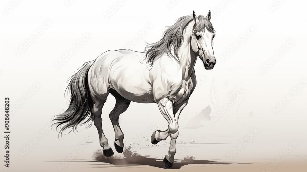 Running race horse sketch isolated on white background. Old engraved image. Mammal animal. Sport and beauty. Black and white hand drawing style. Generated by Ai technology Running race horse sketch isolated on white background. Old engraved image. Mammal animal. Sport and beauty. Black and white hand drawing style. Generated by Ai technology