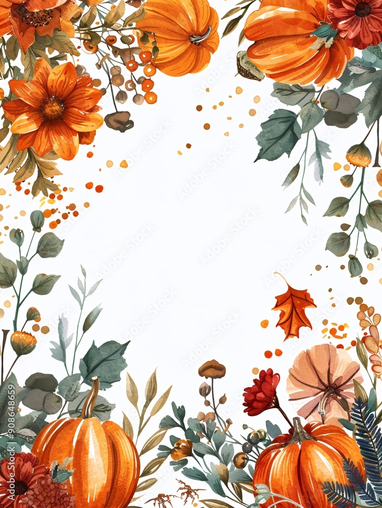 An ornate border featuring a vibrant floral display and pumpkins for a seasonal autumn greeting. An ornate border featuring a vibrant floral display and pumpkins for a seasonal autumn greeting.