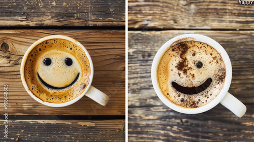 On the left a white ceramic cup full of coffee on a wooden background. The surface of the coffee shows a natural formation of bubbles that create a sm, AI Generative photo