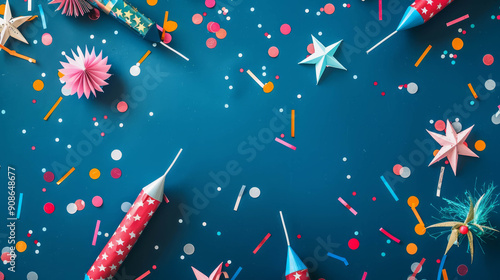 Happy 4th of July flat lay composition with firework rockets and confetti on dark blue background., AI Generative photo