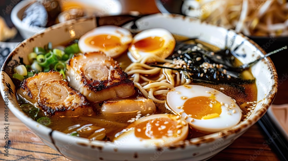 Delicious bowl of ramen with soft-boiled egg, slices of pork, seaweed, and green onion, served in a rich, savory broth. Delicious bowl of ramen with soft-boiled egg, slices of pork, seaweed, and green onion, served in a rich, savory broth.