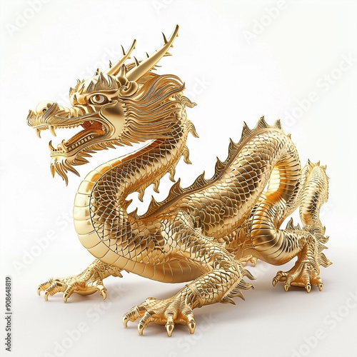 3D Render of Golden Chinese Dragon on White Background