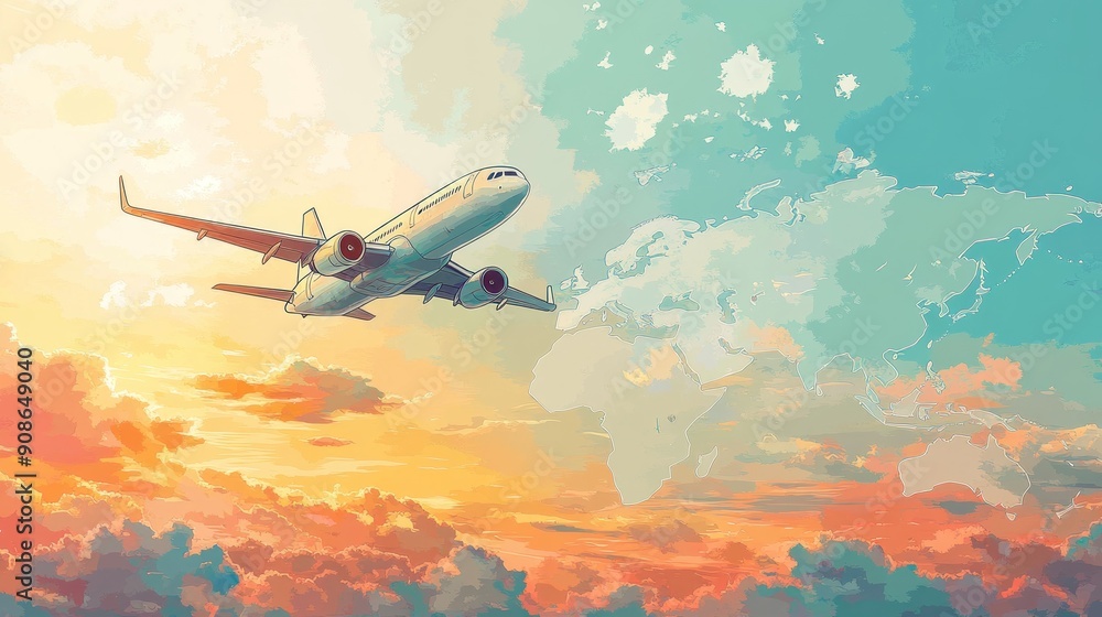 Naklejka premium A flat illustration depicting an airplane flying across a bright, sunny sky with a colorful world map in the background. The image represents the excitement of traveling to various destinations