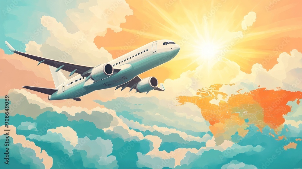 Fototapeta premium A flat illustration depicting an airplane flying across a bright, sunny sky with a colorful world map in the background. The image represents the excitement of traveling to various destinations
