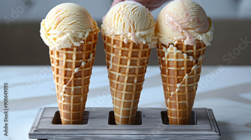 four waffle cones with perfectly round scoop of ice cream in grey wooden display with holding the cone by the top; on white marble table; right-side s, AI Generative photo