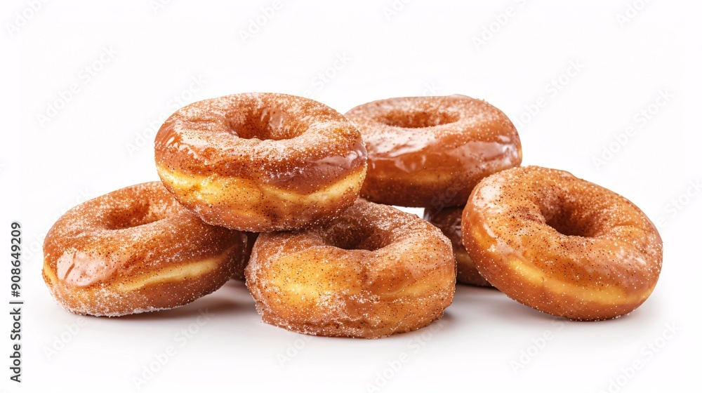 A stack of cinnamon donuts with a sugary glaze, isolated on a white background with a clipping path. A stack of cinnamon donuts with a sugary glaze, isolated on a white background with a clipping path.