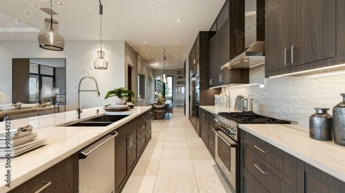 modern galley kitchen with a butlers pantry, shaker cabinets and white stone counters, high-definition, 16k resolution, AI Generative photo