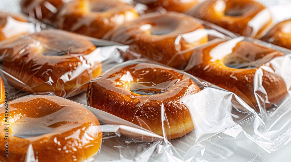 Close-up of sugary, coated doughnuts in a plastic pouch against a light backdrop. Close-up of sugary, coated doughnuts in a plastic pouch against a light backdrop.