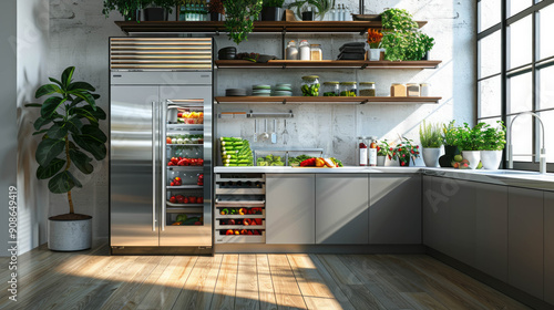 Open modern stainless steel refrigerator in a bright, contemporary kitchen. Shelves stocked with an array of ingredients: crisp vegetables, AI Generative photo