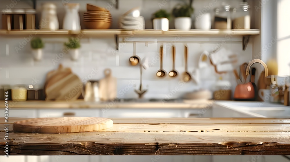 Wooden Kitchen Countertop with Blurred Background Wooden Kitchen Countertop with Blurred Background