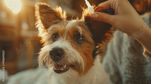 happy pet receiving spot flea treatment, owner applying treatment to fur with small pipette behind the ear, in an english home, creamy natural light, AI Generative photo