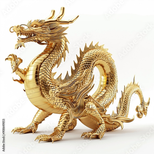 3D Render of Golden Chinese Dragon on White Background