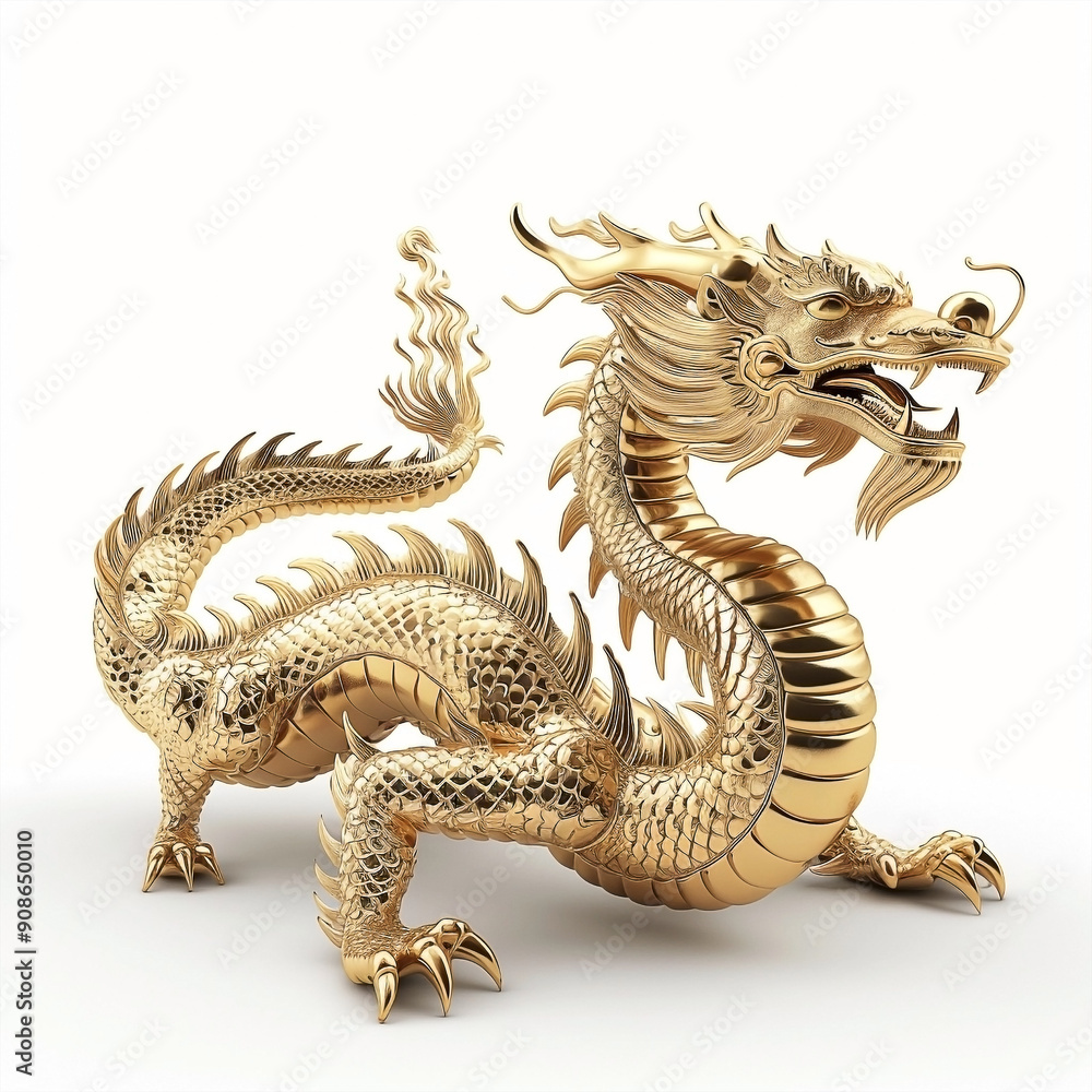 3D Render of Golden Chinese Dragon on White Background 3D Render of Golden Chinese Dragon on White Background
