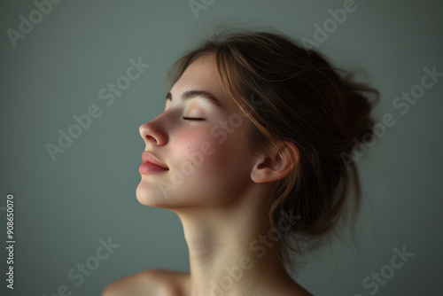 A close up of a girl's face with her eyes closed