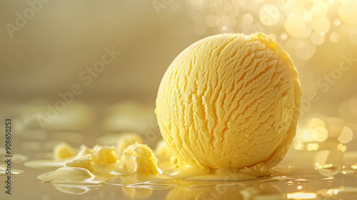 yellow ice cream ball on gradient light gold background,light reflection, commercial photography, AI Generative photo