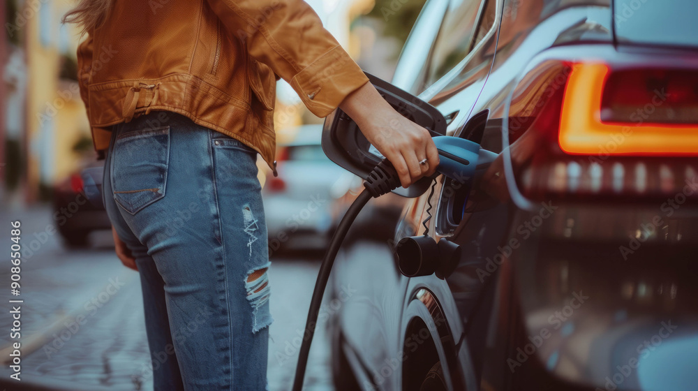Female hand connecting electric car to charger, AI Generative Female hand connecting electric car to charger, AI Generative