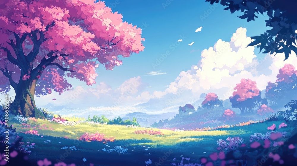 Fototapeta premium Beautiful anime-style nature background, featuring colorful landscapes and peaceful vibes.