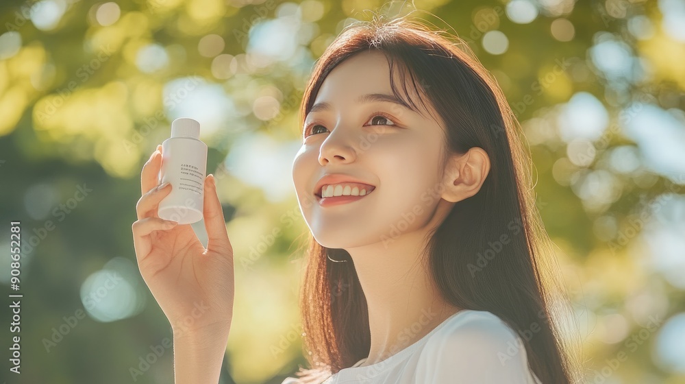 Beautiful Asian woman raising her hand to hold a product, smiling confidently. Beautiful Asian woman raising her hand to hold a product, smiling confidently.