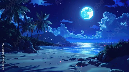 Beach at night with palm trees under a full moon sky, creating a serene and enchanting tropical scene with glowing moonlight
  Seamless looping 4k time-lapse virtual video animation Generated AI