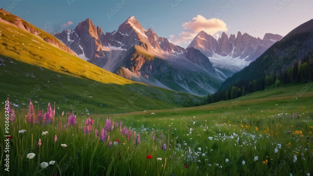 Obraz premium Golden Hour in the Alps: A breathtaking panorama of majestic snow-capped mountains bathed in the warm glow of sunrise, with a vibrant meadow bursting with wildflowers in the foreground. 