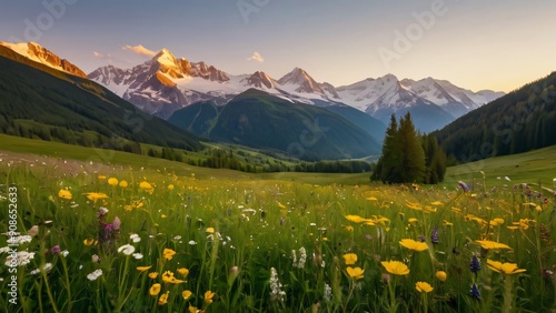 Mountain Meadow Sunset: A vast expanse of wildflowers blooms vibrantly against a backdrop of majestic snow-capped mountains bathed in the warm glow of the setting sun. A serene and picturesque scene e