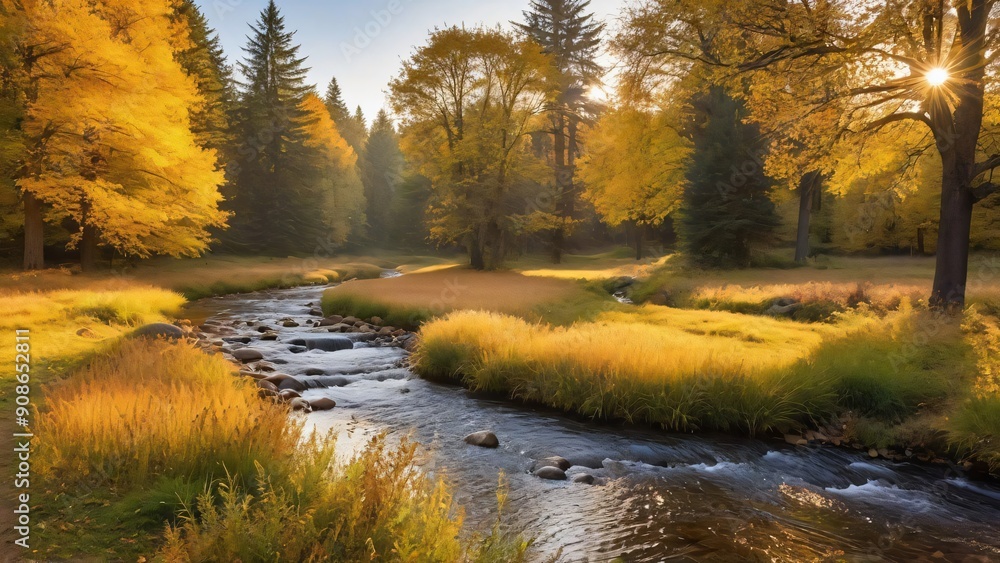 Golden Stream Through Autumn Forest: A serene and picturesque scene of a winding river flowing through a vibrant autumn forest, bathed in golden sunlight. The image captures the beauty and tranquility Golden Stream Through Autumn Forest: A serene and picturesque scene of a winding river flowing through a vibrant autumn forest, bathed in golden sunlight. The image captures the beauty and tranquility
