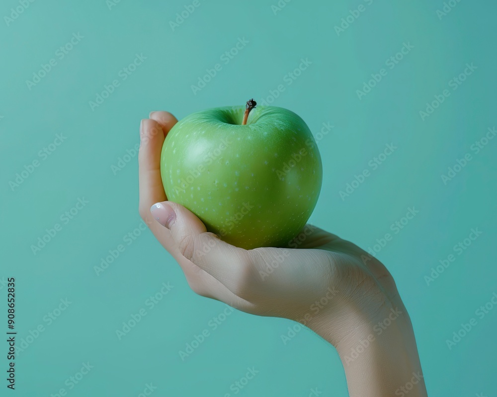 woman hand holing a green apple on blue background woman hand holing a green apple on blue background