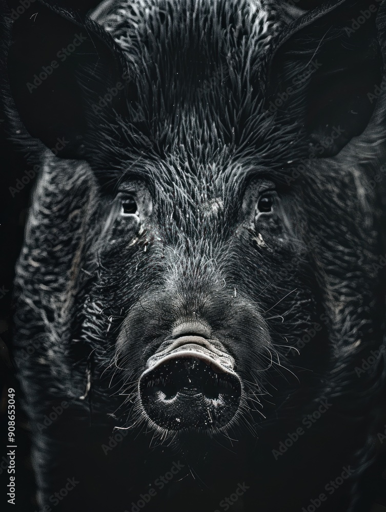 Intense Close-Up of a Wild Boar in a Misty Forest Setting Intense Close-Up of a Wild Boar in a Misty Forest Setting