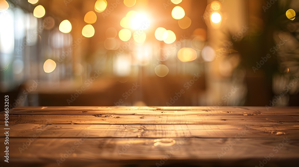 Rustic Wooden Tabletop with Blurred Bokeh Lights