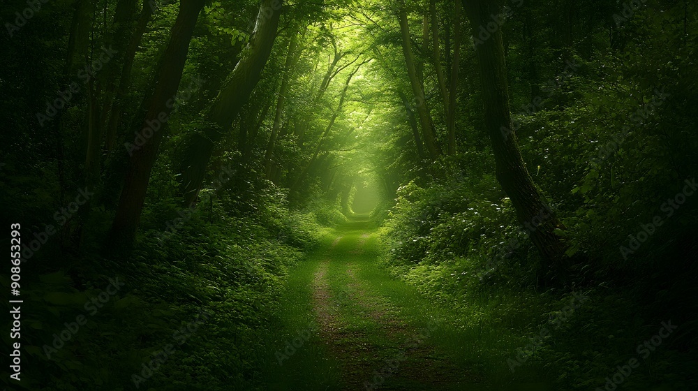 Obraz premium Secluded forest trail with a wall of dense trees, soft, diffused sunlight through the canopy, deep green foliage, tranquil and immersive natural setting