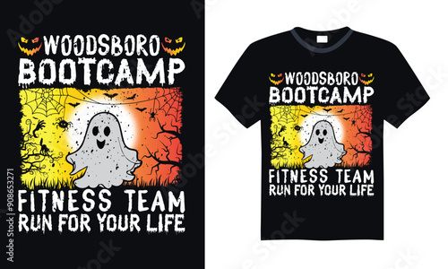 Woodsboro bootcamp fitness team run for your life - Halloween t shirt design, Hand lettering inspirational quotes isolated on black background, For the design of postcards, Cutting Cricut and Silhouet photo