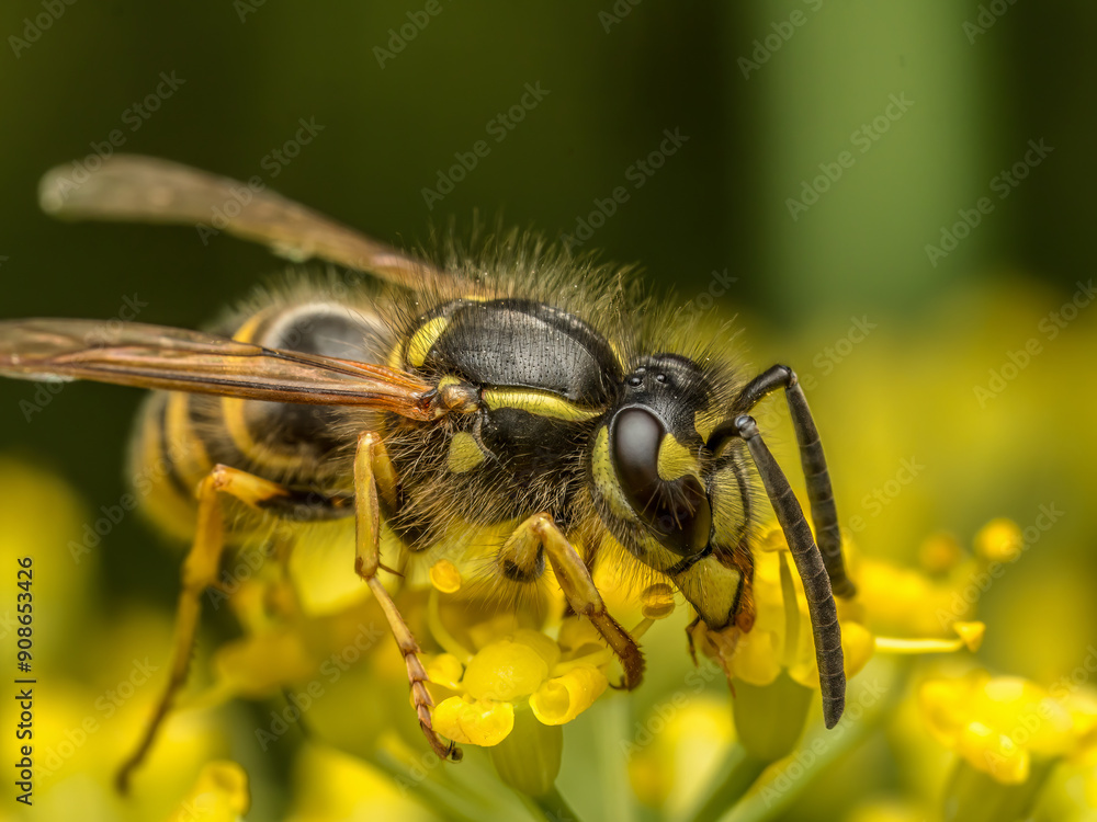Wasp sitting on wild yellow flower Wasp sitting on wild yellow flower