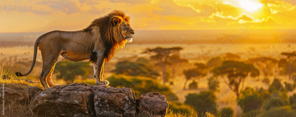 A powerful lion standing on a rocky outcrop at sunrise. Include a vast savannah with acacia trees in the background, with the sun rising behind them, casting A powerful lion standing on a rocky outcrop at sunrise. Include a vast savannah with acacia trees in the background, with the sun rising behind them, casting