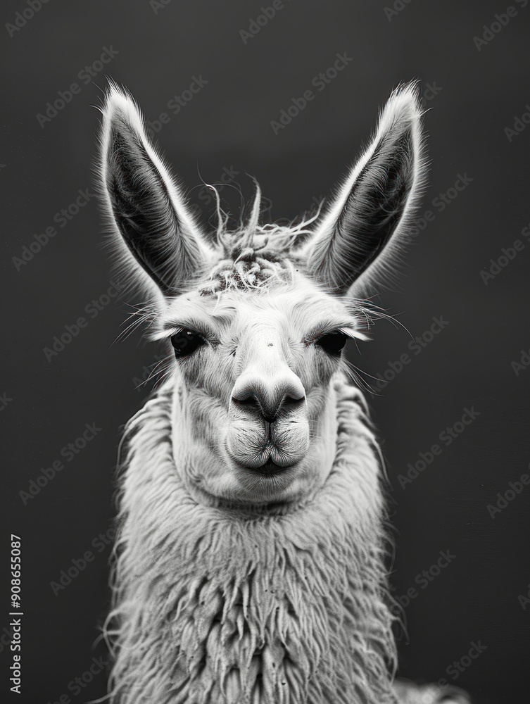Obraz premium Black and White Portrait of a Llama with a Focused Expression