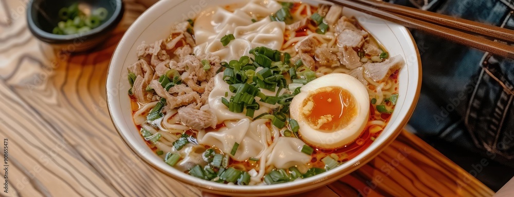Delicious bowl of ramen topped with vegetables, egg, and tender meat, served on a wooden table. A perfect meal for any occasion. Delicious bowl of ramen topped with vegetables, egg, and tender meat, served on a wooden table. A perfect meal for any occasion.