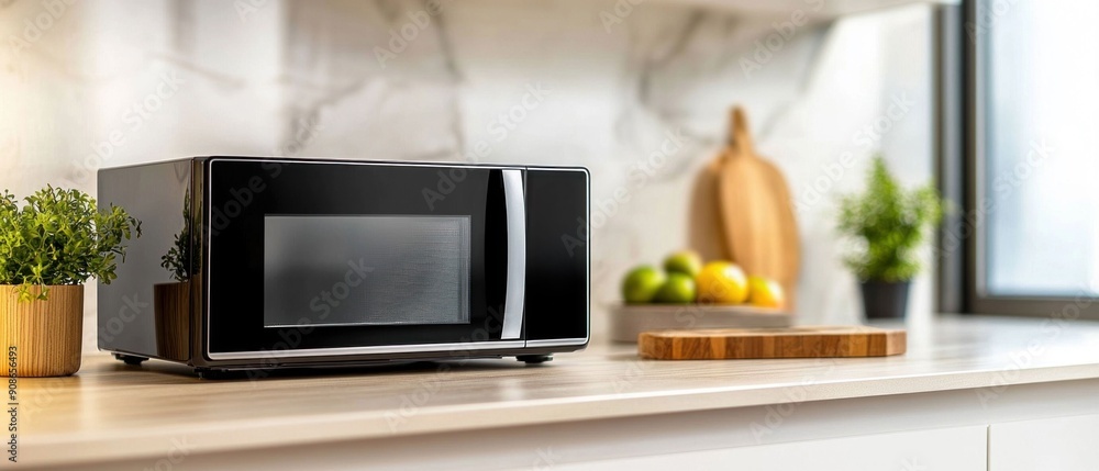 Modern microwave oven on a kitchen countertop with lemons and plants in the background. Generative ai. Modern microwave oven on a kitchen countertop with lemons and plants in the background. Generative ai.