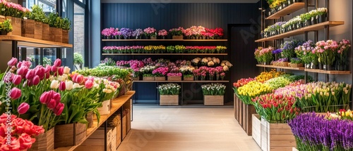 Interior of a flower shop with various colorful flowers. Generative ai. photo