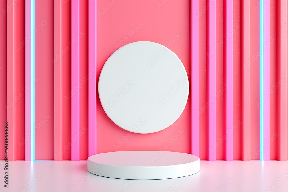 Pink Paradise Podium: A pristine white podium and circular backdrop stand ready for the spotlight against a vibrant geometric pink backdrop, ideal for showcasing your product or message. Pink Paradise Podium: A pristine white podium and circular backdrop stand ready for the spotlight against a vibrant geometric pink backdrop, ideal for showcasing your product or message.