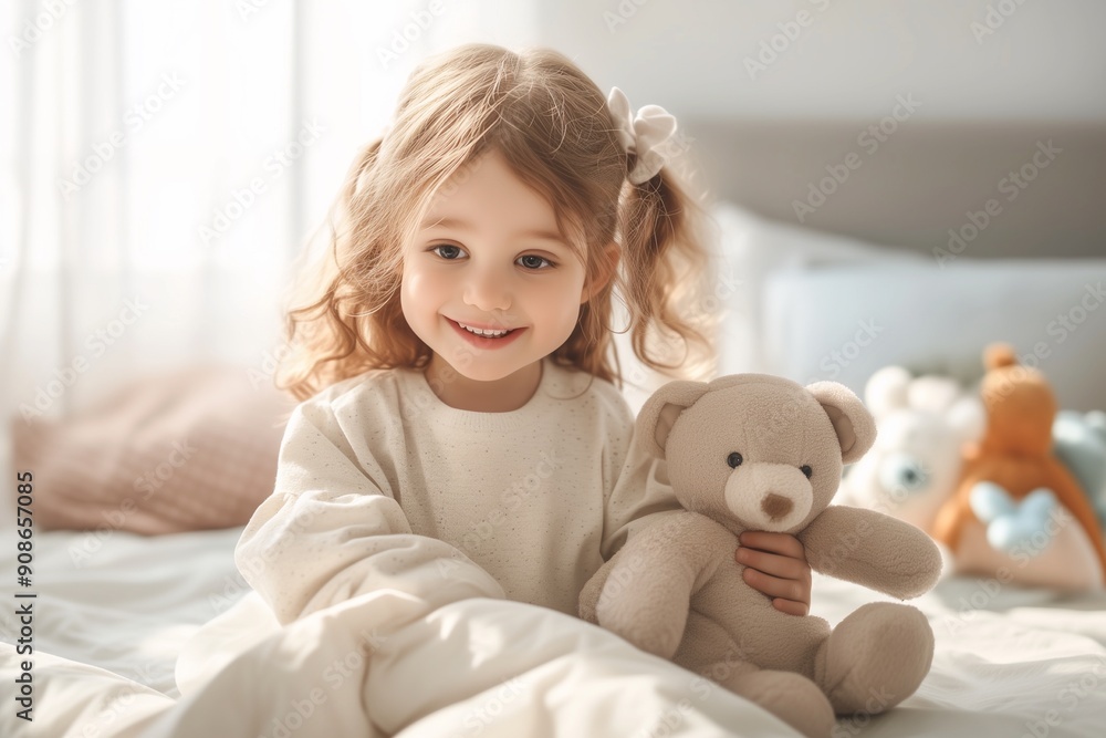 little girl sitting on the bed playing with a stuffed toy little girl sitting on the bed playing with a stuffed toy