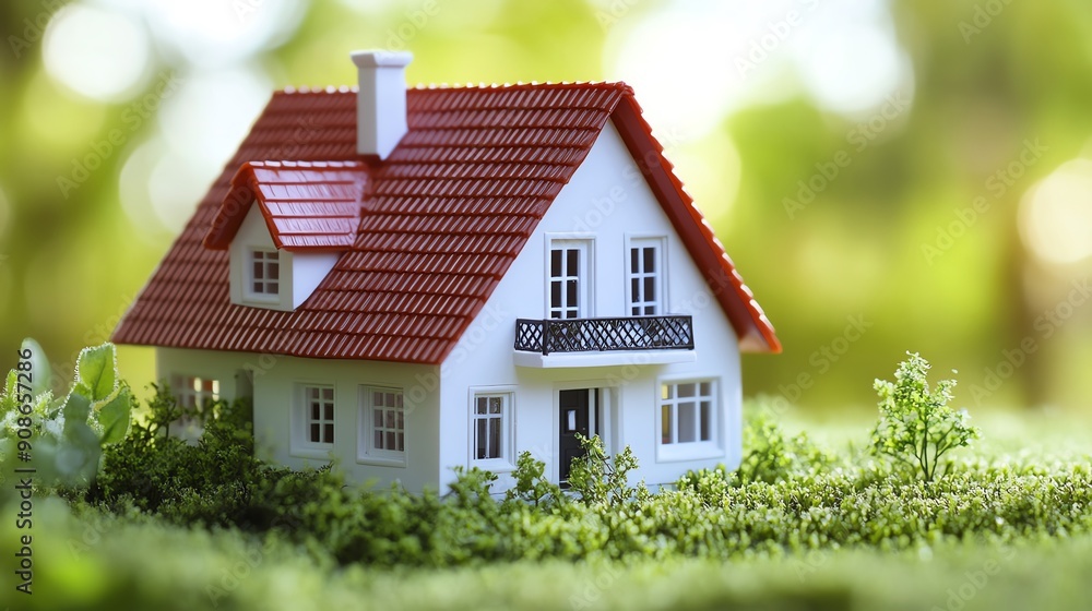 A charming miniature house surrounded by lush greenery, showcasing a perfect blend of nature and architecture in a serene setting.